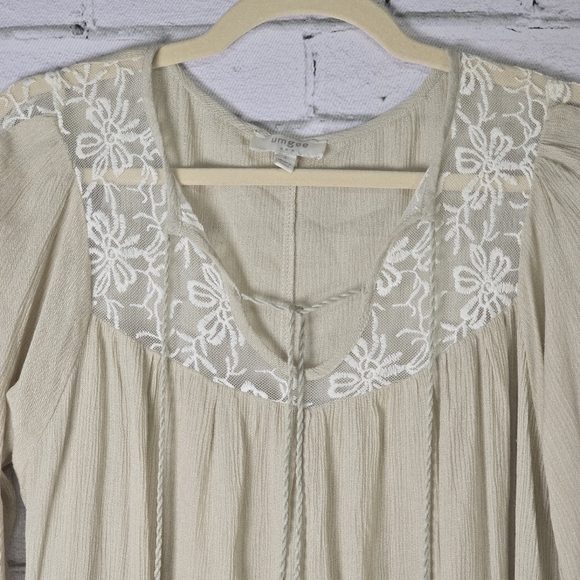 Umgee Soft Khaki Dress Bell Sleeve With Lace Detail MINI LENGTH Size Small - Picture 3 of 9